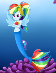 Size: 1500x1950 | Tagged: safe, artist:liniitadash23, character:rainbow dash, species:seapony (g4), my little pony: the movie (2017), my little pony:equestria girls, belly button, clothing, crossed arms, female, fin wings, fins, mermaid, mermaid tail, mermaidized, multicolored hair, ponied up, pony ears, seaponified, seapony rainbow dash, smiling, solo, species swap, underwater, wings