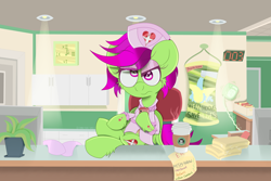 Size: 2400x1600 | Tagged: safe, artist:dannykay4561, oc, oc only, oc:breeze skies, species:pegasus, species:pony, cellphone, clothing, coffee, crossed legs, gloves, hoofs on table, hospital, makeup, nurse, nurse outfit, phone, poster, smartphone, solo, starbucks, table