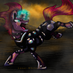 Size: 1000x1000 | Tagged: safe, artist:lunar-white-wolf, character:tempest shadow, species:pony, my little pony: the movie (2017), armor, broken horn, eye scar, female, glowing horn, horn, mare, open mouth, scar, solo, sparking horn
