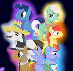Size: 1500x1450 | Tagged: safe, artist:liniitadash23, character:bow hothoof, character:bright mac, character:gentle breeze, character:hondo flanks, character:igneous rock pie, character:night light, species:pegasus, species:pony, species:unicorn, episode:the perfect pear, g4, my little pony: friendship is magic, bow tie, clothing, dad six, facial hair, father, hat, horn, male, missing cutie mark, shirt, smiling, stallion