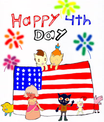 Size: 2318x2738 | Tagged: safe, artist:pokeneo1234, character:pound cake, character:pumpkin cake, species:pony, 4th of july, american flag, bee and puppycat, crossover, final fantasy, fireworks, holiday, kingdom hearts, mae borowski, moogle, night in the woods, padparadscha sapphire (steven universe), peppa pig, steven universe, sticky the dog