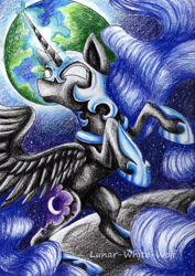 Size: 931x1317 | Tagged: safe, artist:lunar-white-wolf, character:nightmare moon, character:princess luna, species:alicorn, species:pony, female, glowing eyes, helmet, mare, rearing, solo, traditional art, white eyes
