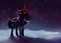 Size: 1158x818 | Tagged: safe, artist:cmaggot, character:king sombra, species:pony, species:unicorn, episode:the crystal empire, g4, my little pony: friendship is magic, glowing eyes, glowing horn, male, snow, snowfall, solo