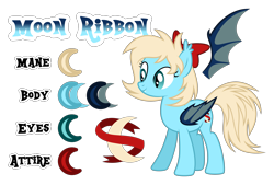 Size: 4237x2863 | Tagged: safe, artist:drakizora, oc, oc only, oc:moon ribbon, species:bat pony, species:pony, absurd resolution, bow, female, hair bow, mare, parent:oc:moonshot, parent:oc:sweet cakes, parents:sweetshot, reference sheet, solo, sweetshot