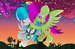 Size: 1824x1190 | Tagged: safe, artist:dannykay4561, oc, oc only, oc:breeze skies, oc:cloud flicker, species:pegasus, species:pony, barn, blushing, breecker, clothing, cloud, couple, evil grin, feather, grin, halo, horns, laughing, necktie, oc x oc, open mouth, outdoors, pen, shipping, silhouette, sky, smiling, spread wings, stars, sunset, tickling, windmill, wings