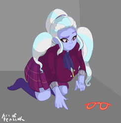 Size: 890x910 | Tagged: safe, artist:penlink, character:sugarcoat, my little pony:equestria girls, breasts, busty sugarcoat, clothing, crystal prep academy uniform, female, glasses, kneeling, school uniform, socks, solo