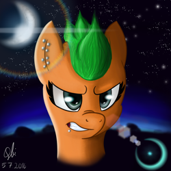 Size: 2000x2000 | Tagged: safe, artist:qbellas, oc, oc only, species:pony, female, frown, lens flare, moon, solo