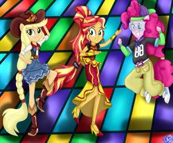 Size: 2300x1900 | Tagged: safe, artist:liniitadash23, character:applejack, character:pinkie pie, character:sunset shimmer, equestria girls:dance magic, g4, my little pony: equestria girls, my little pony:equestria girls, spoiler:eqg specials, clothing, converse, dress, pants, ponied up, rapper pie, shoes, shutter shades, sneakers