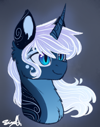Size: 870x1102 | Tagged: safe, artist:cloud-drawings, character:princess luna, species:alicorn, species:pony, alternate design, bust, chest fluff, curved horn, female, i can't believe it's not magnaluna, mare, portrait, solo, style emulation
