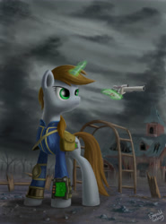 Size: 3700x5000 | Tagged: safe, artist:emeraldgalaxy, oc, oc only, oc:littlepip, species:pony, species:unicorn, fallout equestria, absurd resolution, dead tree, fanfic, fanfic art, female, glowing horn, gun, handgun, head turn, high res, hooves, horn, levitation, little macintosh, looking away, magic, mare, optical sight, overcast, pipbuck, playground, revolver, ruins, saddle bag, solo, standing, telekinesis, tree, vault suit, wasteland, weapon