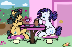 Size: 1115x738 | Tagged: safe, artist:breezietype, character:fresh coat, character:rarity, species:pony, species:unicorn, 4chan, alternate hairstyle, chocolate, coffee, cup, door, drawthread, eyes closed, eyeshadow, female, flower, food, hot chocolate, levitation, magic, makeup, mare, missing accessory, open mouth, ponytail, saucer, sitting, smiling, table, telekinesis