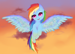 Size: 1600x1138 | Tagged: safe, artist:agletka, character:rainbow dash, species:pegasus, species:pony, female, flying, heart eyes, mare, solo, spread wings, starry eyes, wingding eyes, wings