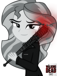 Size: 1082x1440 | Tagged: safe, artist:ngrycritic, character:sunset shimmer, my little pony:equestria girls, amc, baseball bat, clothing, crossover, female, monochrome, negan, negan shimmer, solo, spikes, the walking dead