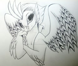 Size: 1024x870 | Tagged: safe, artist:evergreen-gemdust, species:classical hippogriff, species:hippogriff, my little pony: the movie (2017), female, lidded eyes, monochrome, solo, spread wings, traditional art, watermark, wings
