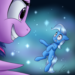 Size: 1500x1500 | Tagged: safe, artist:deltauraart, character:trixie, character:twilight sparkle, character:twilight sparkle (alicorn), species:alicorn, species:pony, species:unicorn, female, grin, mare, smiling, the twilight zone, tiny