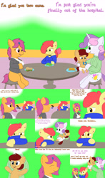 Size: 3840x6517 | Tagged: safe, artist:askchubbytwilight, character:apple bloom, character:scootaloo, character:sweetie belle, oc, oc:lightning blitz, parent:rain catcher, parent:scootaloo, parents:catcherloo, species:pegasus, species:pony, comic:ask motherly scootaloo, motherly scootaloo, baby, baby pony, cast, clothing, colt, comic, cutie mark crusaders, dialogue, food, hairpin, holding a pony, male, offspring, older, older apple bloom, older scootaloo, older sweetie belle, salad, sandwich, sling, speech bubble, sweater, sweatshirt, table, toy