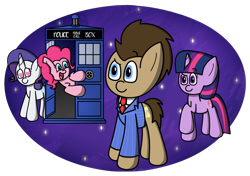 Size: 1330x936 | Tagged: safe, artist:techreel, character:doctor whooves, character:pinkie pie, character:rarity, character:time turner, character:twilight sparkle, species:earth pony, species:pony, species:unicorn, doctor who, doctor whooves adventures, tardis, the doctor