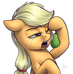 Size: 1017x1032 | Tagged: safe, artist:deltauraart, character:applejack, species:earth pony, species:pony, blasphemy, female, food, fruit heresy, mare, open mouth, pear, pearesy, simple background, solo, white background