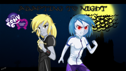 Size: 2560x1440 | Tagged: safe, artist:ngrycritic, character:derpy hooves, character:dj pon-3, character:vinyl scratch, species:bat, comic:adapting to night, my little pony:equestria girls, clothing, electricity, epic derpy, fangs, full moon, grimdark series, grotesque series, hamon, i can't believe it's not uotapo, jojo's bizarre adventure, leggings, looking at you, moon, red eyes, style emulation, uotapo-ish, vampire