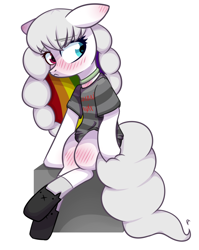 Size: 1018x1278 | Tagged: safe, artist:astralblues, oc, oc only, species:earth pony, species:pony, blushing, clothing, female, heterochromia, looking away, mare, shy, simple background, sitting, socks, solo, white background