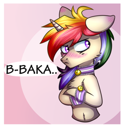 Size: 996x1022 | Tagged: safe, artist:astralblues, oc, oc only, species:pony, species:unicorn, art trade, baka, bell, bell collar, blushing, choker, collar, crossed hooves, floppy ears, looking away, male, multicolored hair, solo, stallion