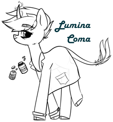 Size: 1318x1418 | Tagged: safe, artist:astralblues, oc, oc only, oc:lumina coma, species:pony, species:unicorn, clothing, female, lab coat, mare, monochrome, sketch, solo