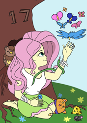 Size: 1024x1448 | Tagged: safe, artist:astralblues, character:fluttershy, species:bird, species:owl, my little pony:equestria girls, butterfly, cat, cheese, clothing, da scribble challenge, female, food, kneeling, looking up, mouse, smiling, solo
