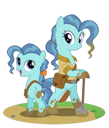 Size: 8998x10520 | Tagged: safe, artist:camo-pony, character:petunia paleo, species:earth pony, species:pony, g4, absurd resolution, alternate hairstyle, bipedal, clothing, female, filly, looking at each other, mare, older, older petunia paleo, open mouth, open smile, ponidox, self ponidox, shovel, simple background, smiling, three quarter view, transparent background, vector, weapon
