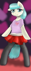 Size: 3856x8700 | Tagged: safe, artist:lakunae, character:coco pommel, species:pony, belly button, clothing, cute, eyelashes, eyeshadow, female, looking at you, makeup, mare, pantyhose, semi-anthro, skirt, smiling, solo, stockings
