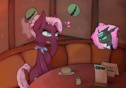Size: 5016x3541 | Tagged: safe, artist:ruby dusk, character:jasmine leaf, species:changeling, species:earth pony, species:pony, g4, cutie mark, diner, floating heart, heart, maid, maid headdress