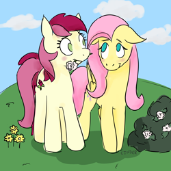 Size: 2000x2000 | Tagged: safe, artist:rivalcat, character:fluttershy, character:roseluck, species:earth pony, species:pegasus, species:pony, blushing, colored sketch, female, flower, flower in mouth, folded wings, looking at each other, mare, mouth hold, no pupils, roseshy, standing