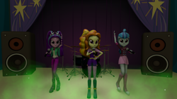 Size: 7680x4320 | Tagged: safe, artist:syncedsart, character:adagio dazzle, character:aria blaze, character:sonata dusk, equestria girls:rainbow rocks, g4, my little pony: equestria girls, my little pony:equestria girls, 3d, absurd resolution, drum kit, drums, microphone, musical instrument, source filmmaker, stereo, the dazzlings, under our spell