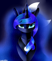Size: 900x1052 | Tagged: safe, artist:purediamond360, character:nightmare moon, character:princess luna, species:pony, bust, duality, night, portrait