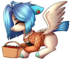 Size: 1552x1322 | Tagged: safe, artist:astralblues, oc, oc only, species:pegasus, species:pony, basket, clothing, eyes closed, female, floppy ears, food, mare, prone, simple background, smiling, solo, strawberry, transparent background