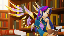 Size: 1920x1080 | Tagged: safe, artist:didj, character:twilight sparkle, character:twilight sparkle (alicorn), species:alicorn, species:human, species:pony, book, bookshelf, clothing, female, humanized, library, my little mages, open mouth, smiling, solo