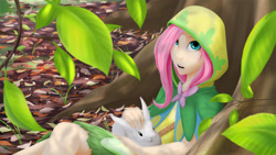 Size: 1920x1080 | Tagged: safe, artist:didj, character:angel bunny, character:fluttershy, species:human, clothing, hoodie, humanized, looking at you, my little mages, open mouth, tree