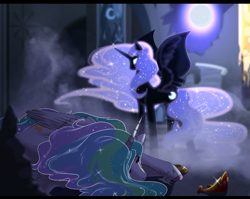 Size: 901x718 | Tagged: safe, artist:gamblingfoxinahat, character:nightmare moon, character:princess celestia, character:princess luna, species:pony, castle of the royal pony sisters, crown, defeated, eclipse, jewelry, regalia