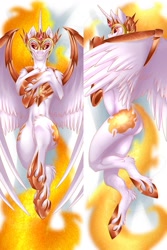 Size: 900x1350 | Tagged: safe, artist:sky-railroad, character:daybreaker, character:princess celestia, species:alicorn, species:pony, armor, body pillow, body pillow design, female, fire hair, semi-anthro, solo, watermark