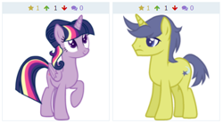 Size: 438x243 | Tagged: safe, artist:otakuchicky1, character:comet tail, character:twilight sparkle, character:twilight sparkle (alicorn), species:alicorn, species:pony, derpibooru, ship:cometlight, female, juxtaposition, male, meta, shipping, straight
