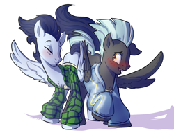 Size: 2690x2100 | Tagged: safe, artist:heyerika, character:soarin', character:thunderlane, species:pony, blushing, butt bump, butt to butt, butt touch, clothing, dancing, floppy ears, gay, male, shipping, simple background, soarilane