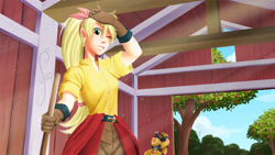 Size: 1920x1080 | Tagged: safe, artist:didj, character:applejack, species:human, barn, belt, clothing, crepuscular rays, female, gloves, humanized, looking at you, my little mages, one eye closed, pants, solo, tree, wink