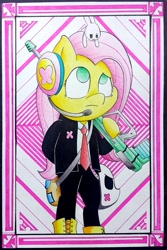 Size: 2208x3312 | Tagged: safe, artist:mustachedbain, character:angel bunny, character:fluttershy, species:anthro, species:pony, arm hooves, clothing, female, gun, headset, looking up, mare, necktie, pants, payday, shirt, solo, suit, weapon