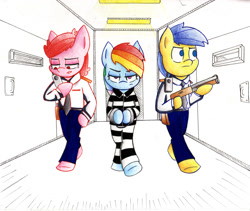 Size: 2427x2048 | Tagged: safe, artist:mustachedbain, character:rainbow dash, bipedal, clothing, cuffs, gun, jail, police, prison, prison outfit, prison stripes, prisoner, prisoner rd, shackles, walking, weapon