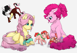 Size: 932x639 | Tagged: safe, artist:gamblingfoxinahat, character:fluttershy, character:pinkie pie, oc, oc:levity, oc:mirage, oc:topsy, oc:turvy, parent:cheese sandwich, parent:discord, parent:fluttershy, parent:pinkie pie, parents:cheesepie, parents:discoshy, species:pony, hybrid, interspecies offspring, multicolored hair, offspring, older, prone, story included