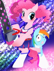Size: 1200x1600 | Tagged: safe, artist:nabe, character:pinkie pie, character:rainbow dash, species:earth pony, species:pony, bipedal, candy, chainsaw, disembodied head, female, food, lollipop, lollipop chainsaw, looking at you, mare