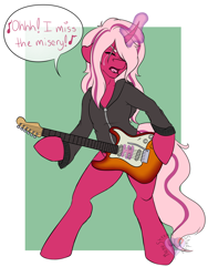 Size: 3000x4000 | Tagged: safe, artist:manestreamstudios, oc, oc only, oc:pynk hyde, species:pony, species:unicorn, clothing, crying, curved horn, dialogue, glowing horn, guitar, jacket, leather jacket, rocker, semi-anthro, singing, tribute to halestorm