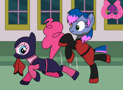 Size: 1077x789 | Tagged: safe, artist:author92, character:pinkie pie, oc, series:siege of canterlot, brightly colored ninjas, canterlot, fight, kunoichi, martial arts, mask, ninja, surprised, sweep kick, unmasked