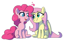 Size: 1500x1000 | Tagged: safe, artist:tralalayla, character:fluttershy, character:pinkie pie, species:pony, ship:flutterpie, beanbrows, eyebrows, female, heart, lesbian, looking at each other, shipping, simple background, sitting, smiling, tongue out, transparent background