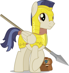 Size: 4688x5000 | Tagged: safe, artist:xenoneal, oc, oc only, oc:ivory thimble, species:pegasus, species:pony, absurd resolution, armor, male, saddle bag, simple background, solo, spear, stallion, transparent background, weapon
