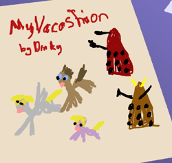 Size: 500x473 | Tagged: safe, artist:bibliodragon, character:derpy hooves, character:dinky hooves, character:doctor whooves, character:time turner, species:earth pony, species:pegasus, species:pony, species:unicorn, crossover, dalek, doctor who, female, filly, male, mare, stallion, the doctor